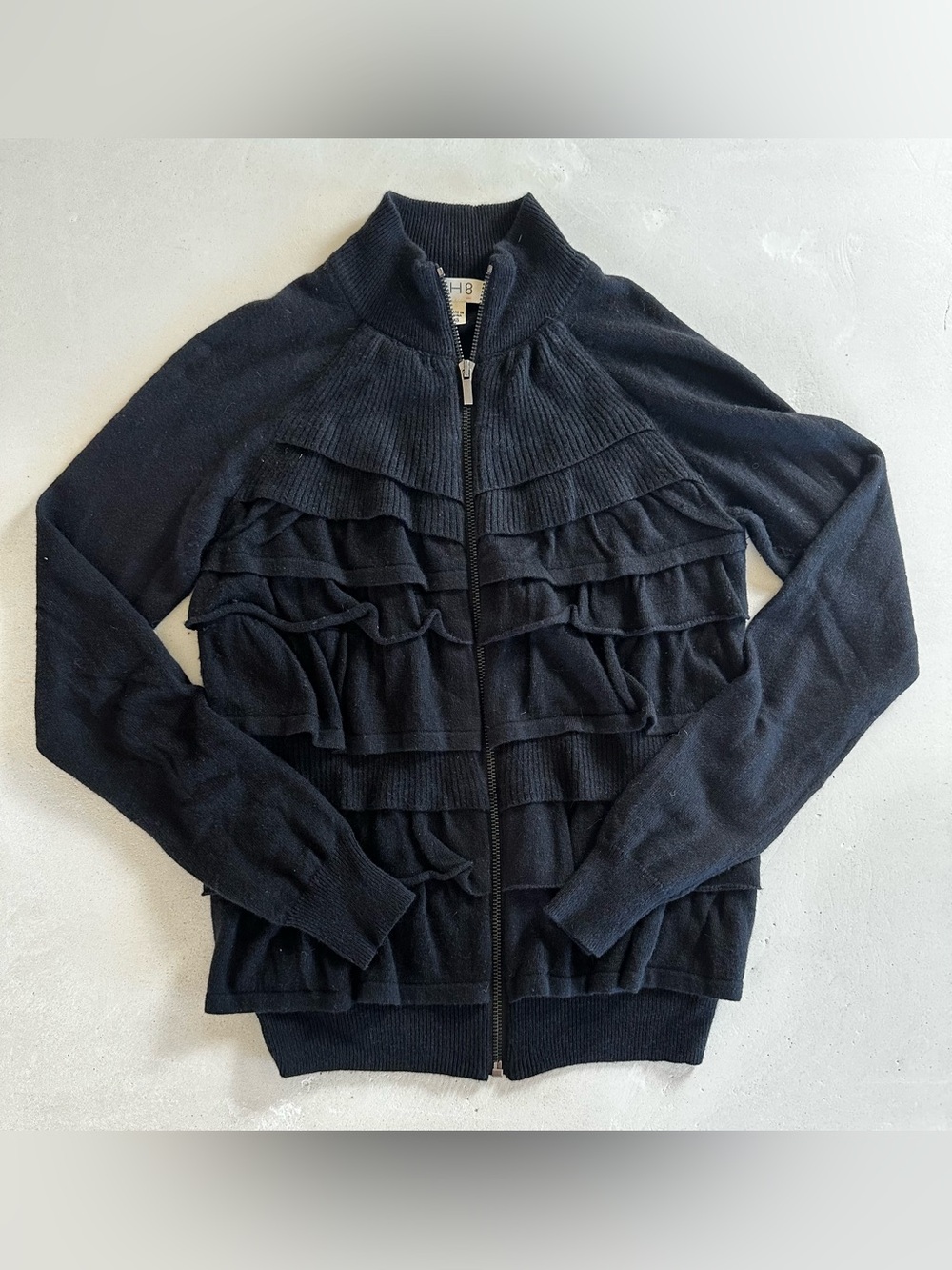 Authentic bebe Discontinued PH8 Women's Black Ruffle Zip-Up Sweater